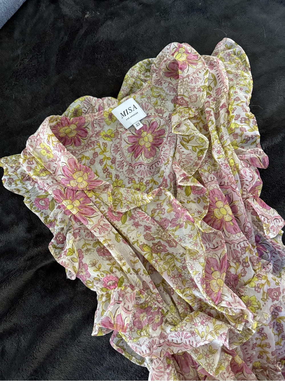 MISA Los Angeles Floral Ruffled Blouse - Pink & Yellow Print mini dress